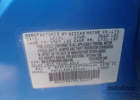 2021 Nissan Kicks S Xtronic Cvt из США, поврежденный, VIN 3N1CP5BV9ML566149